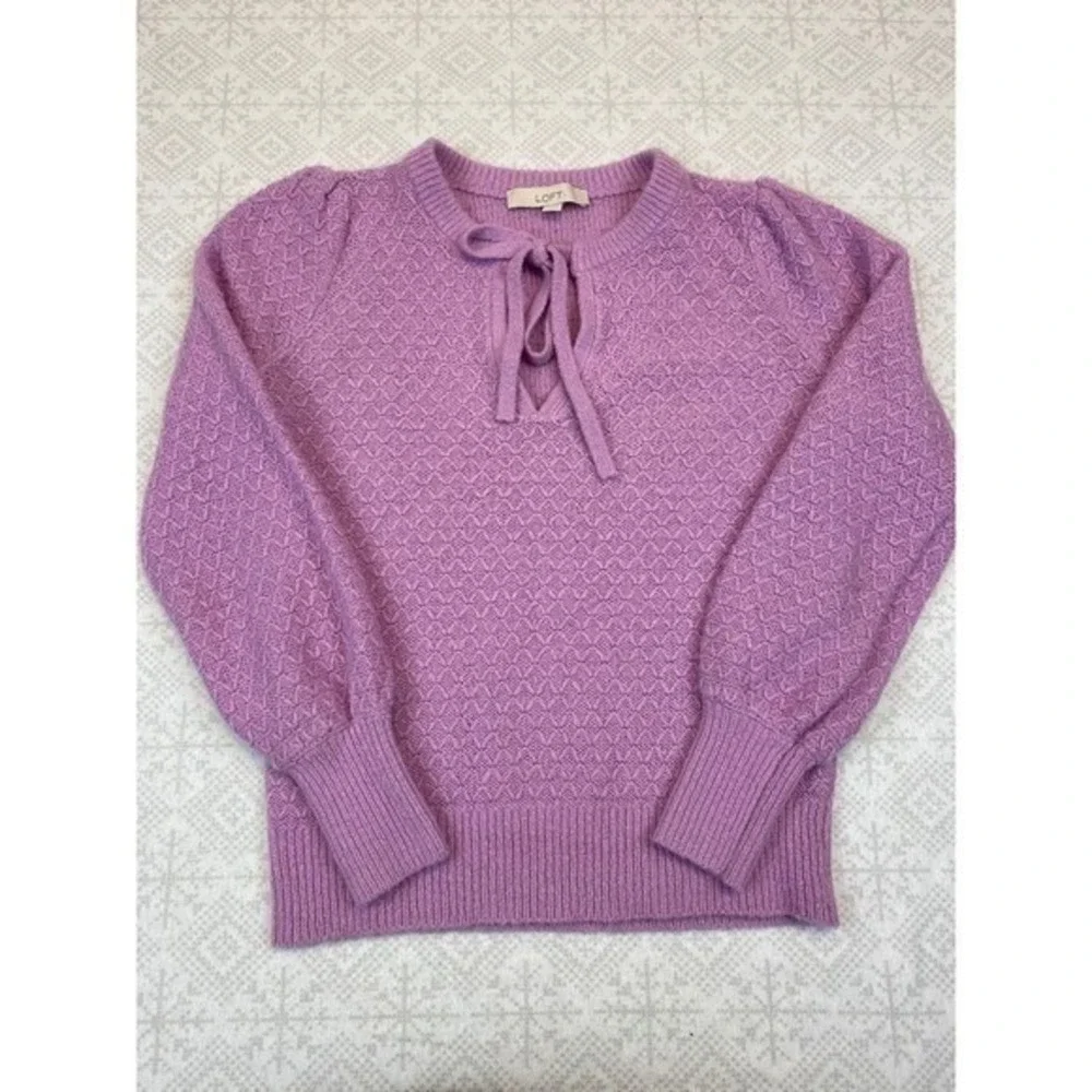 LOFT Sweater Womens Small Purple Tie‎ Neck Pointelle Knit Balloon Sleeve Cottage